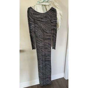 Formal fitted dress, sparkly black & silver, open back, size 4